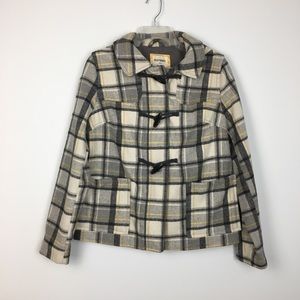 Old Navy Plaid Wool Toggle Button Coat Women’s Sz Medium Hooded Gray Multi